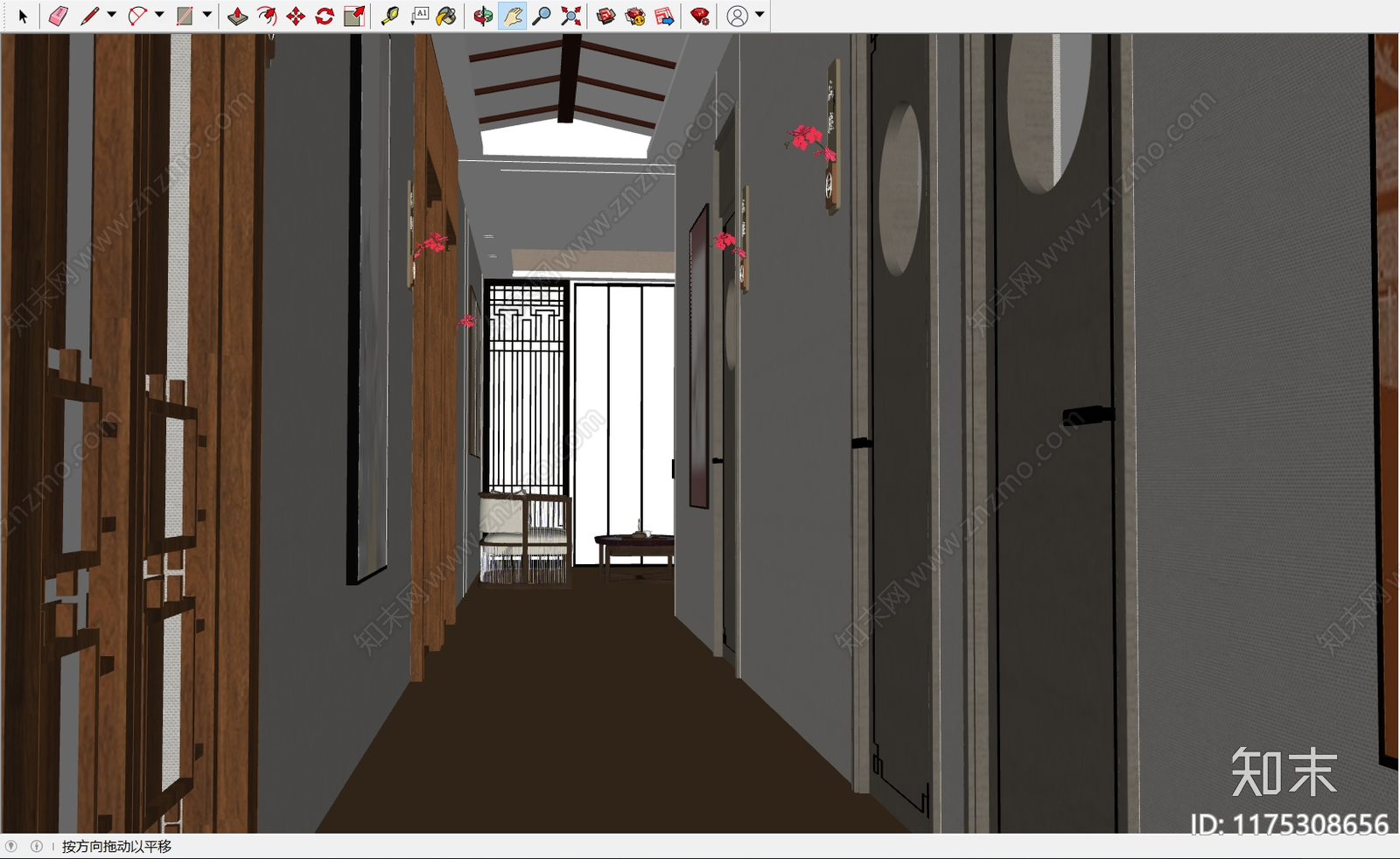 现代新中式酒店走廊SU模型下载【ID:1175308656】