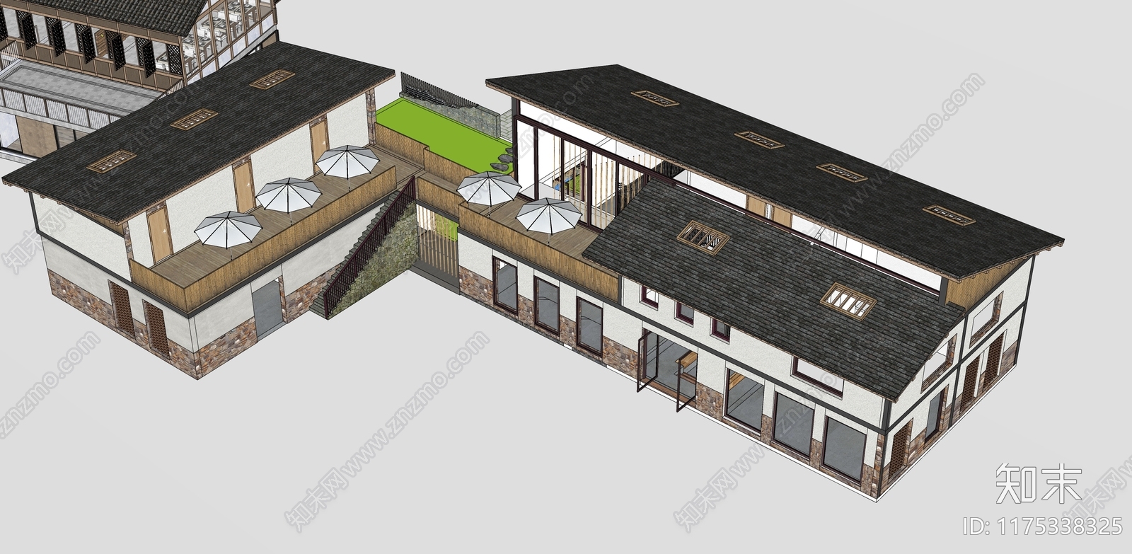 新中式中式民宿建筑SU模型下载【ID:1175338325】