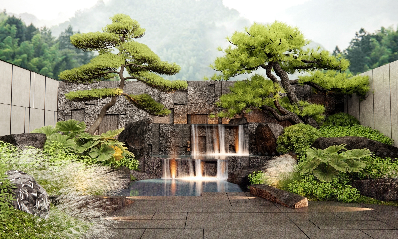 现代新中式假山水景3D模型下载【ID:1175410460】