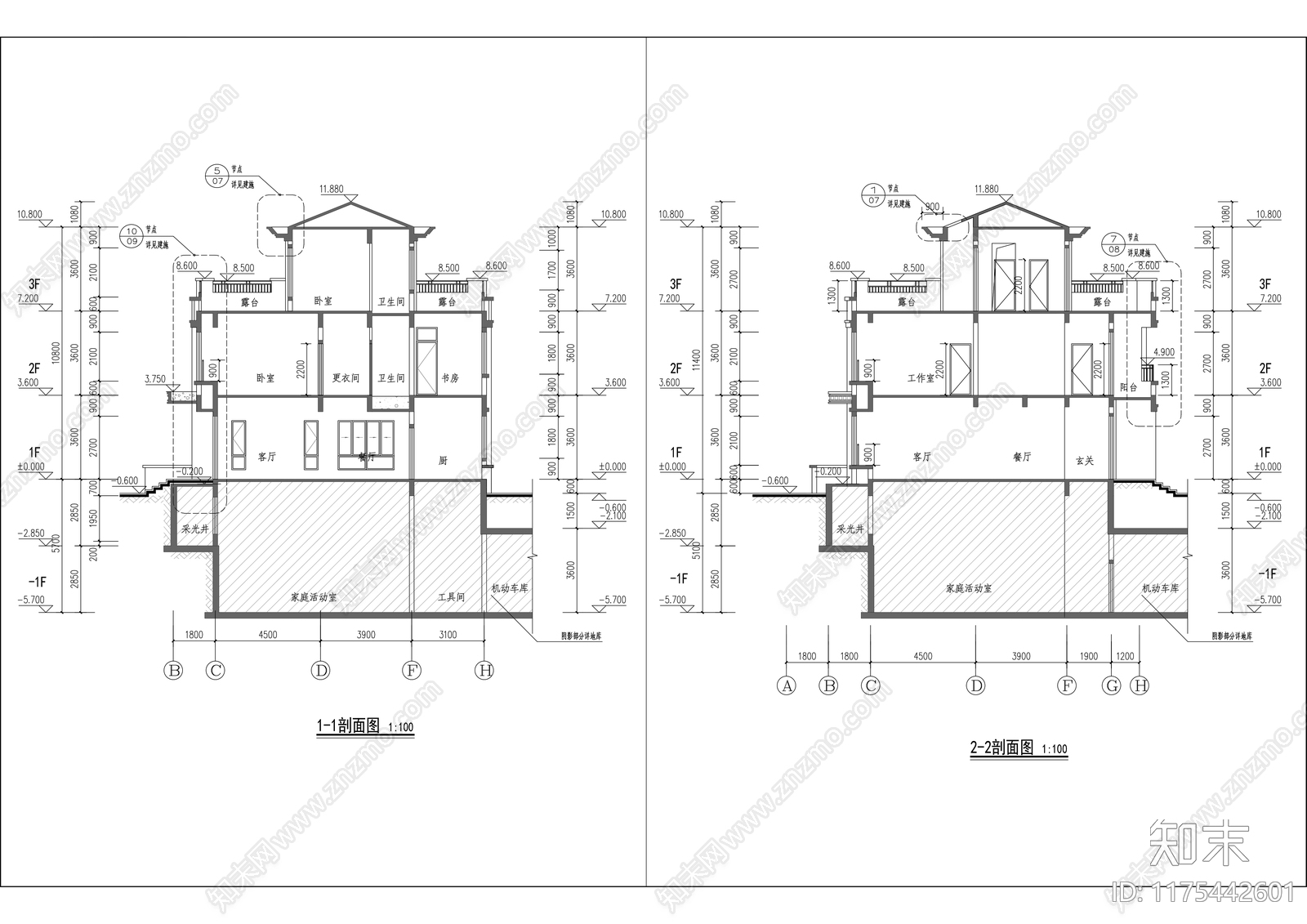 现代别墅建筑施工图下载【ID:1175442601】