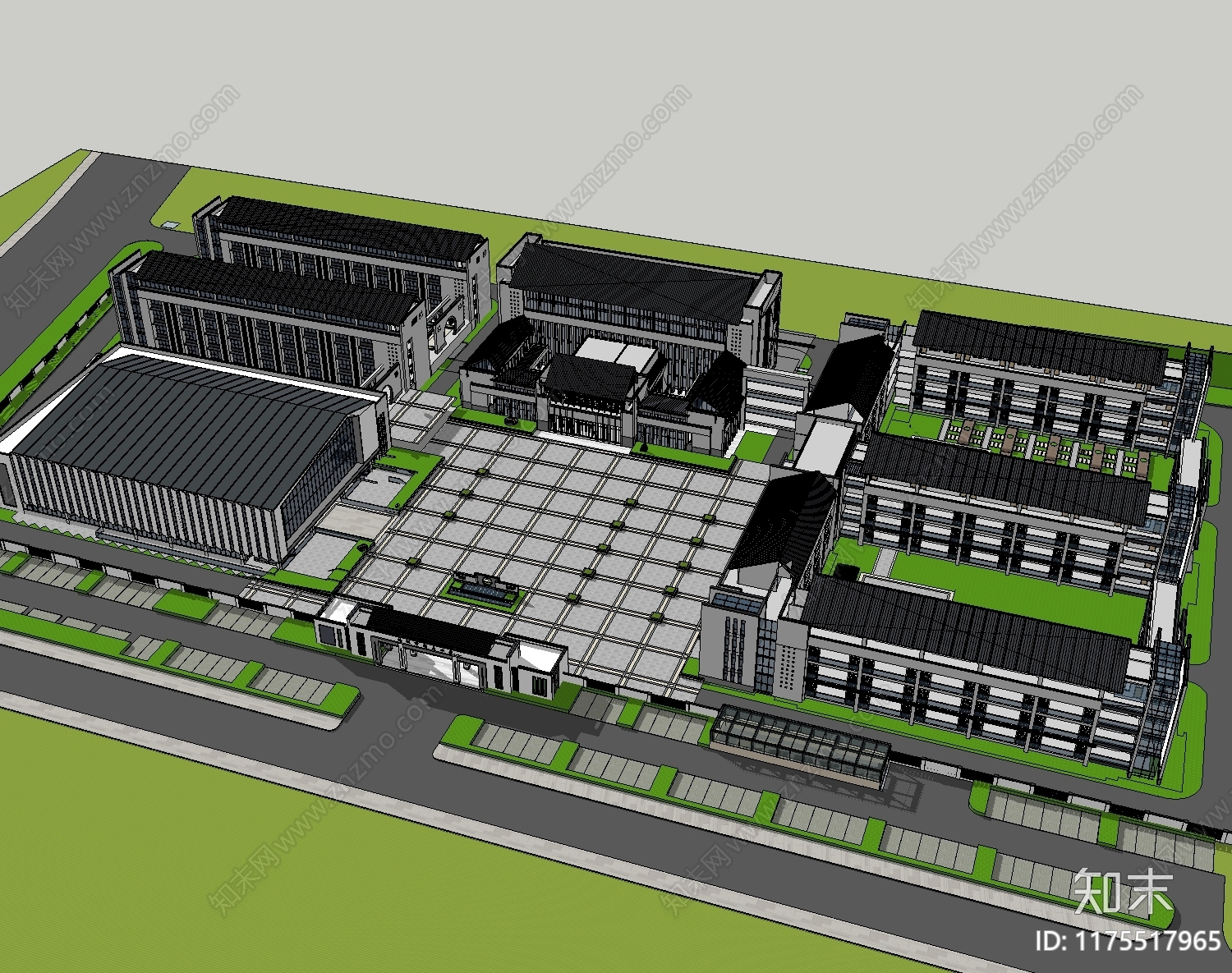 新中式中式学校建筑SU模型下载【ID:1175517965】