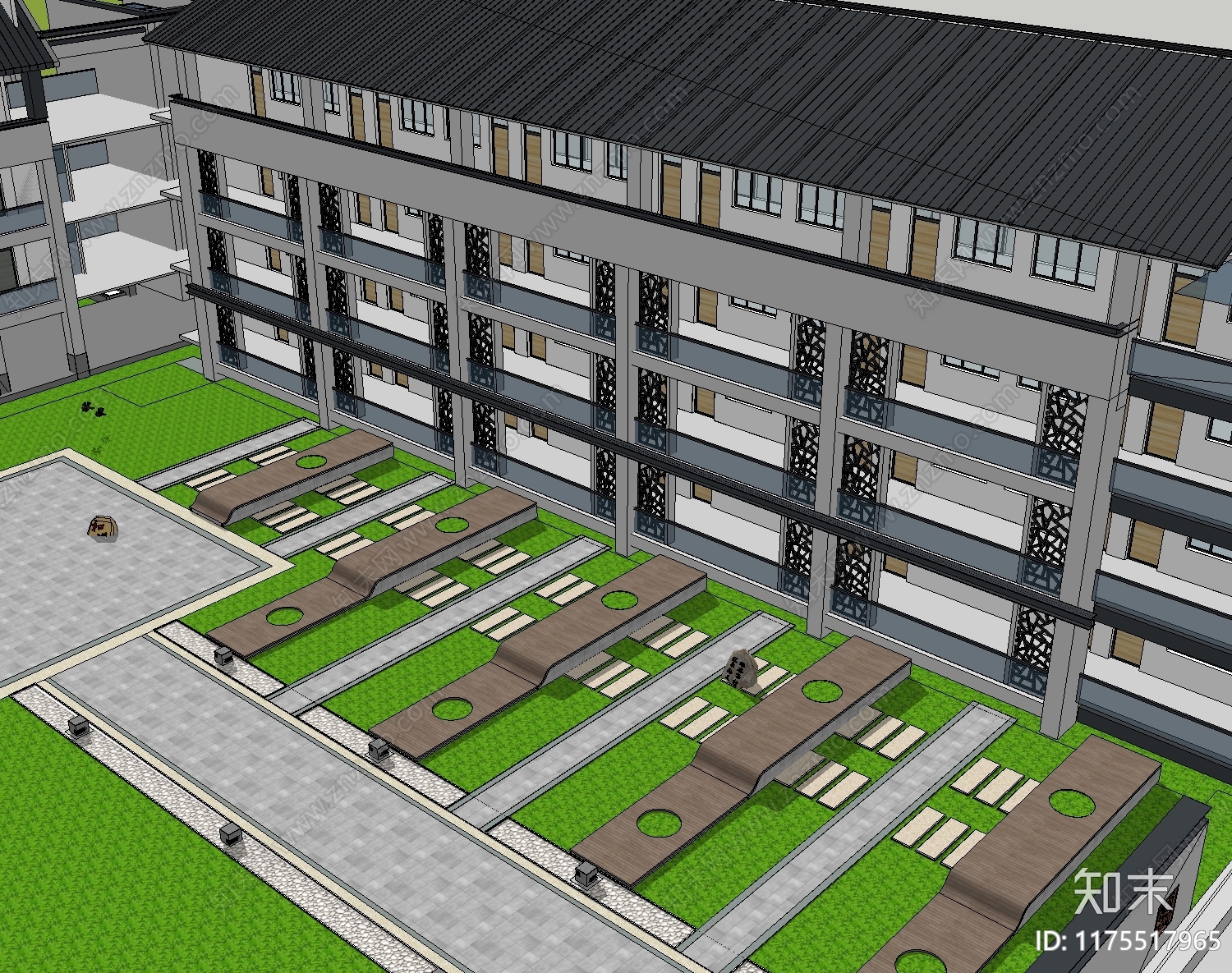 新中式中式学校建筑SU模型下载【ID:1175517965】