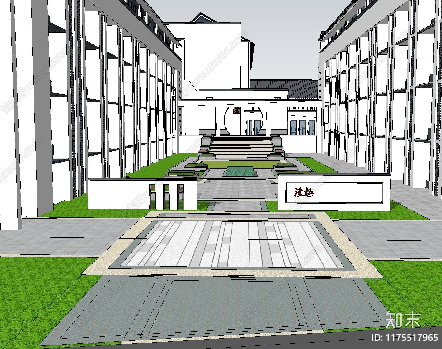 新中式中式学校建筑SU模型下载【ID:1175517965】