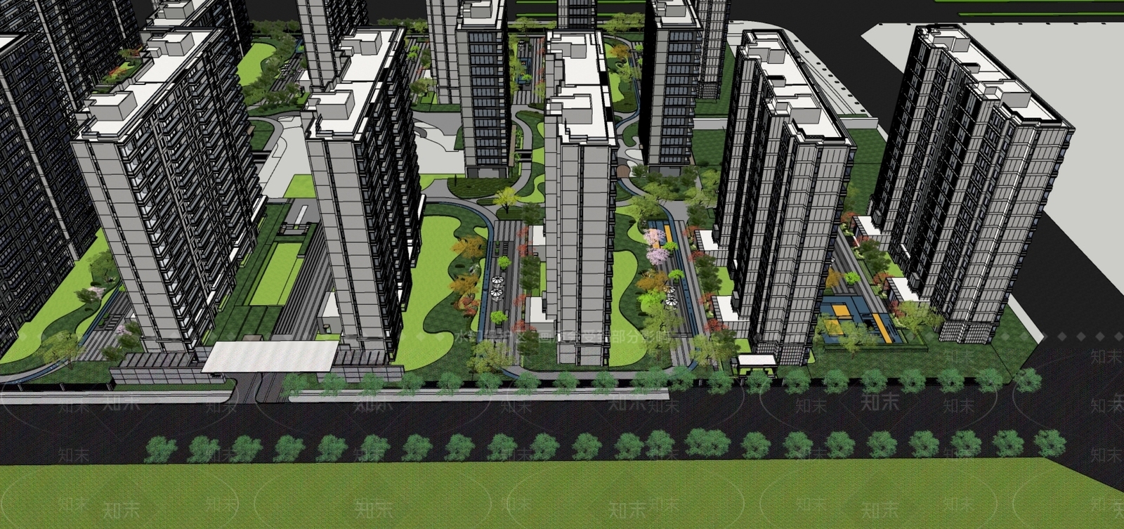 现代小区景观SU模型下载【ID:1175602796】