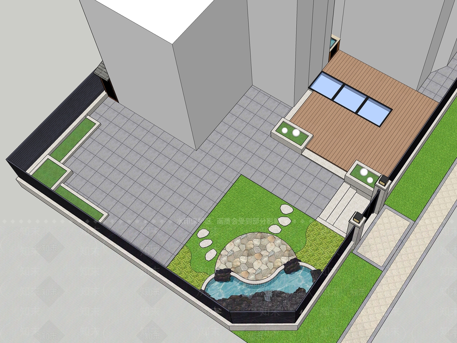 现代中式别墅庭院SU模型下载【ID:1175676411】
