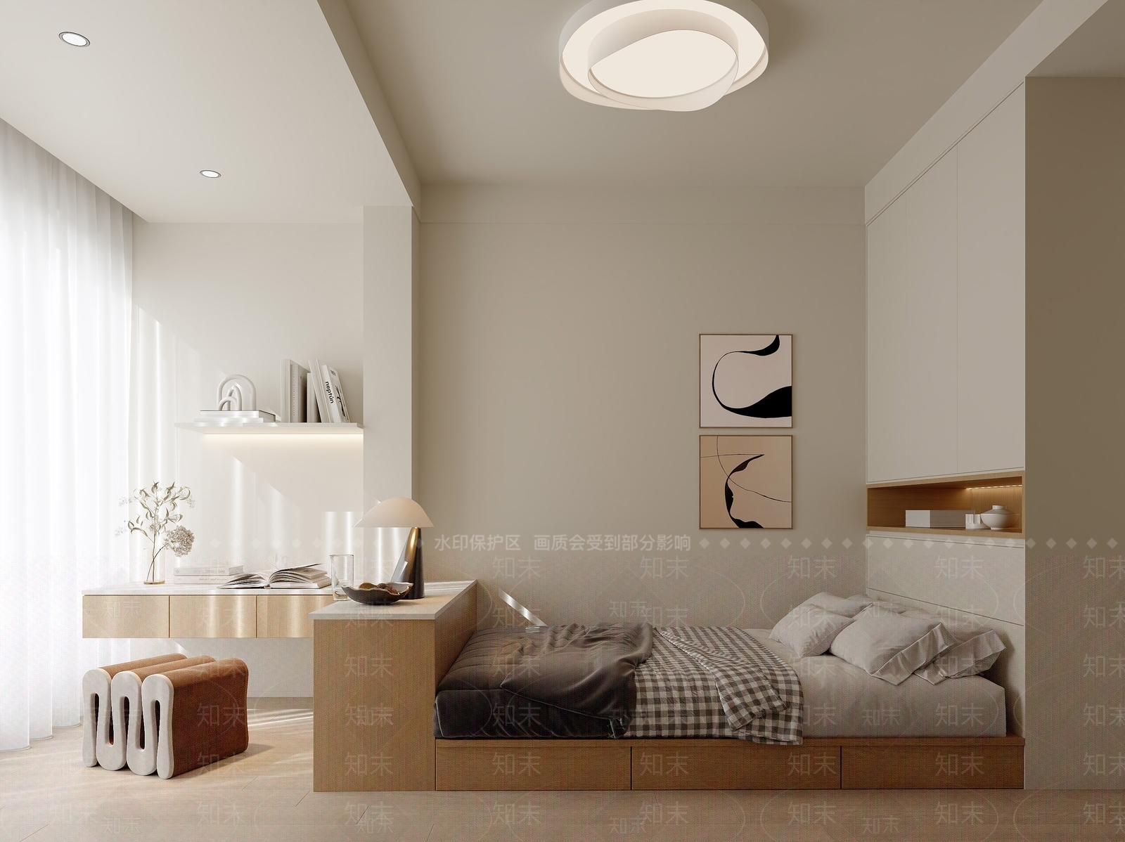 原木奶油榻榻米卧室3D模型下载【ID:1175758521】
