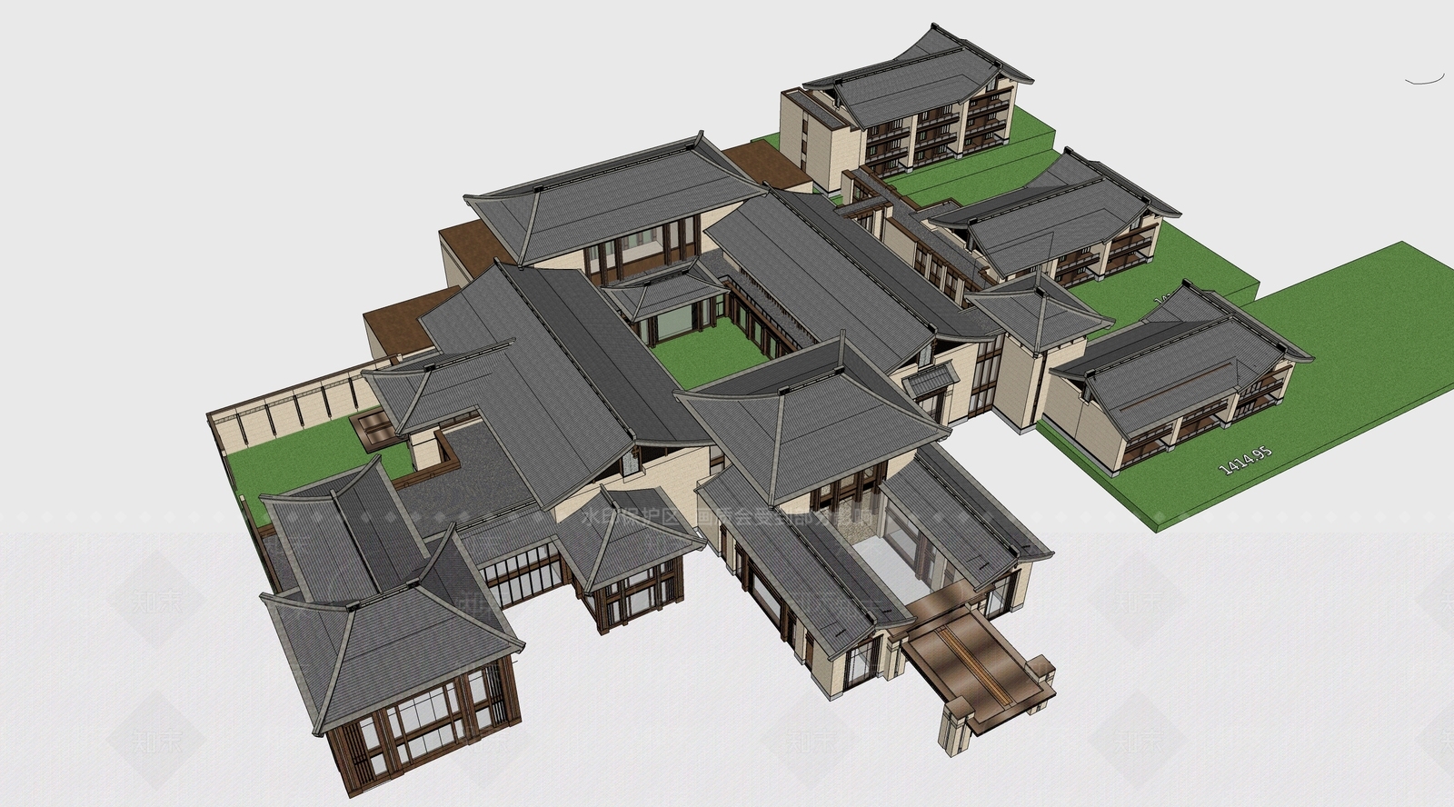 新中式中式酒店建筑SU模型下载【ID:1175865657】