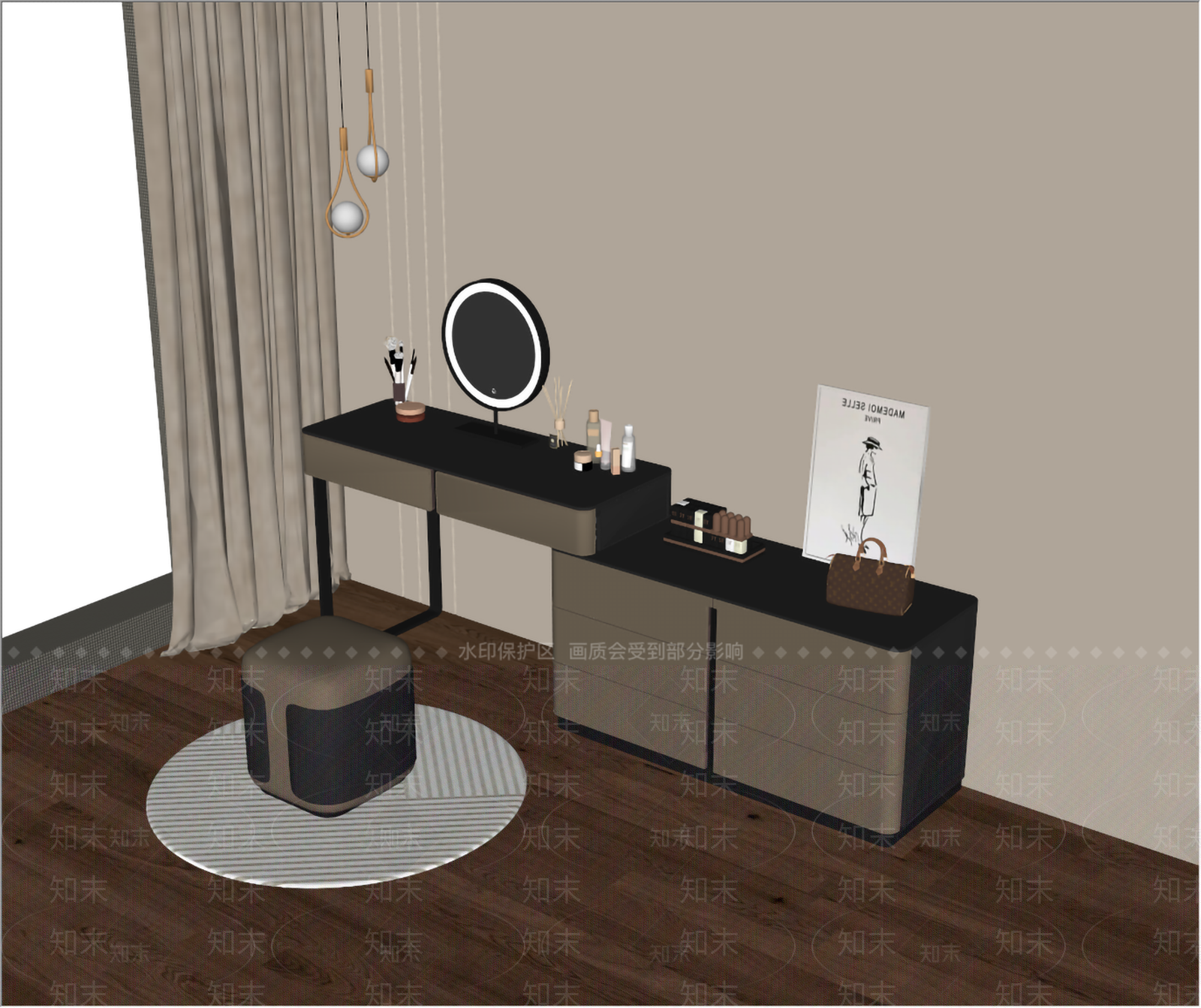 现代奶油梳妆台SU模型下载【ID:1175893652】