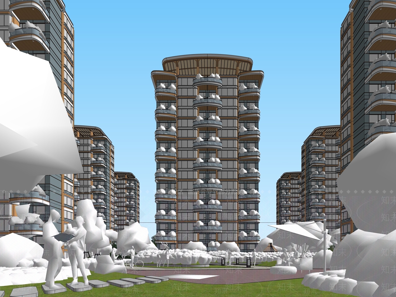 现代小区建筑SU模型下载【ID:1175936569】