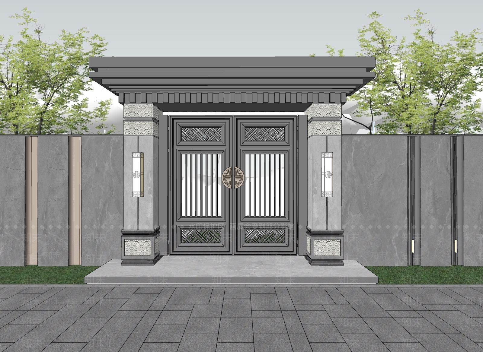 新中式中式庭院门SU模型下载【ID:1176014748】