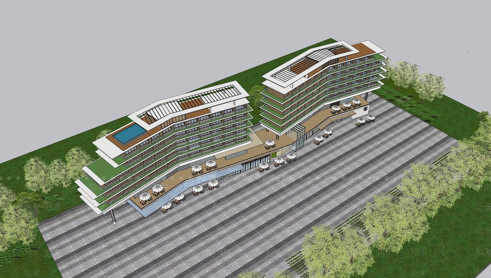 现代新中式酒店建筑SU模型下载【ID:1176074129】