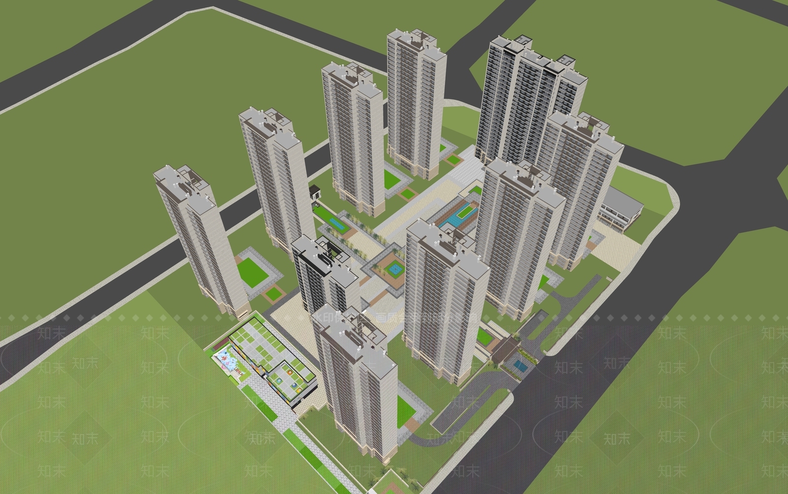 现代新中式小区建筑SU模型下载【ID:1176079712】