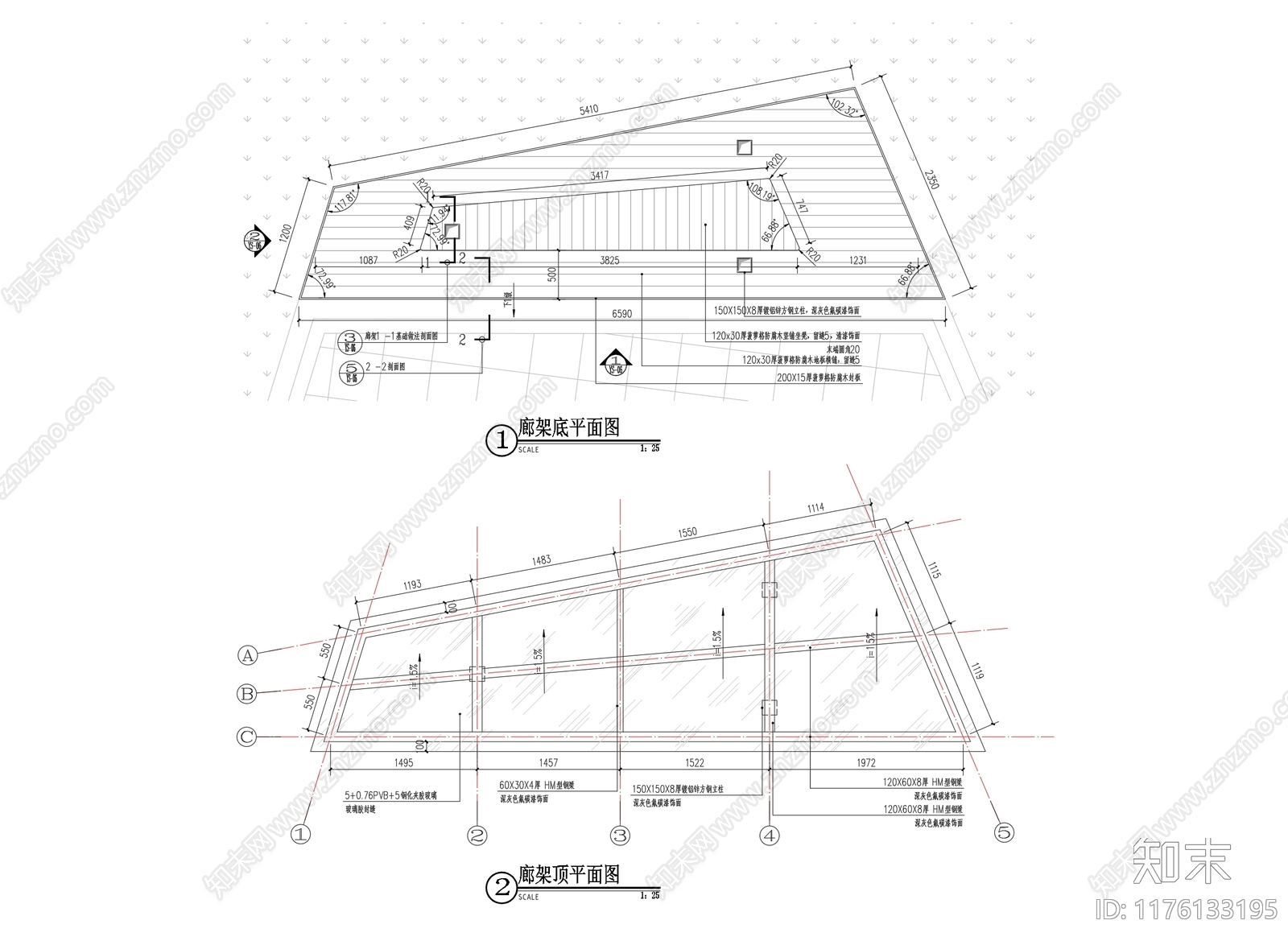 现代廊架cad施工图下载【ID:1176133195】