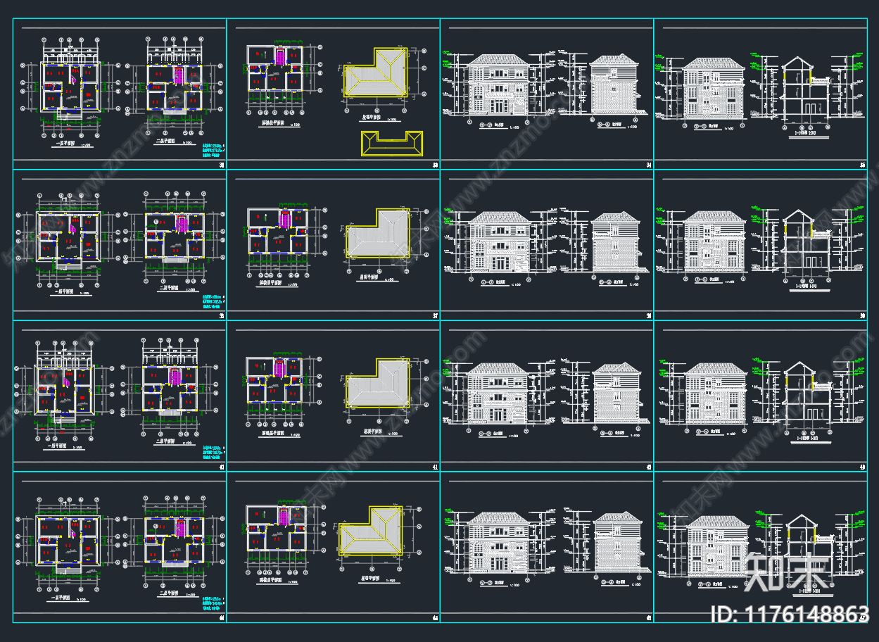 美式别墅建筑施工图下载【ID:1176148863】