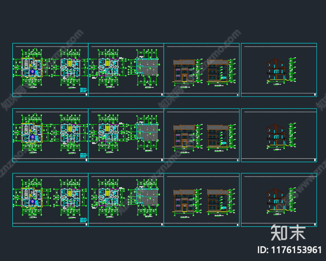 中式别墅建筑cad施工图下载【ID:1176153961】