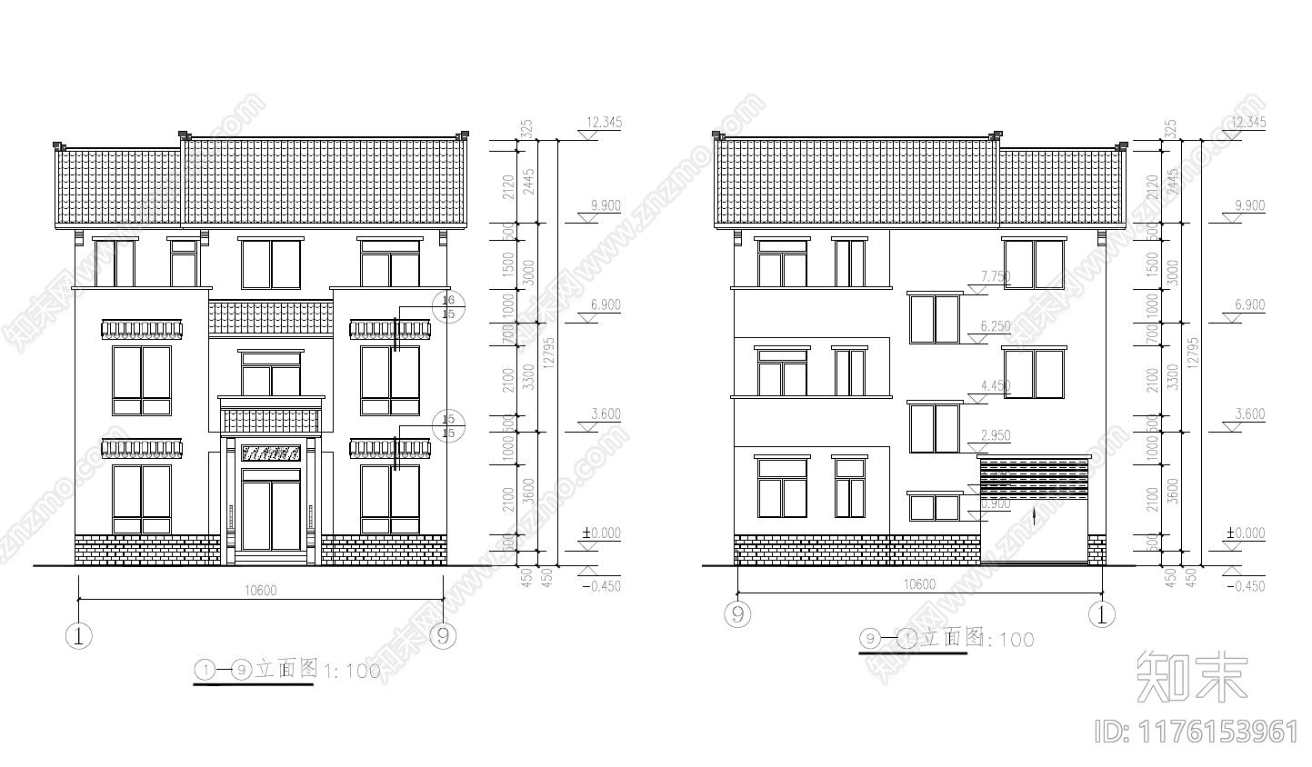 中式别墅建筑cad施工图下载【ID:1176153961】