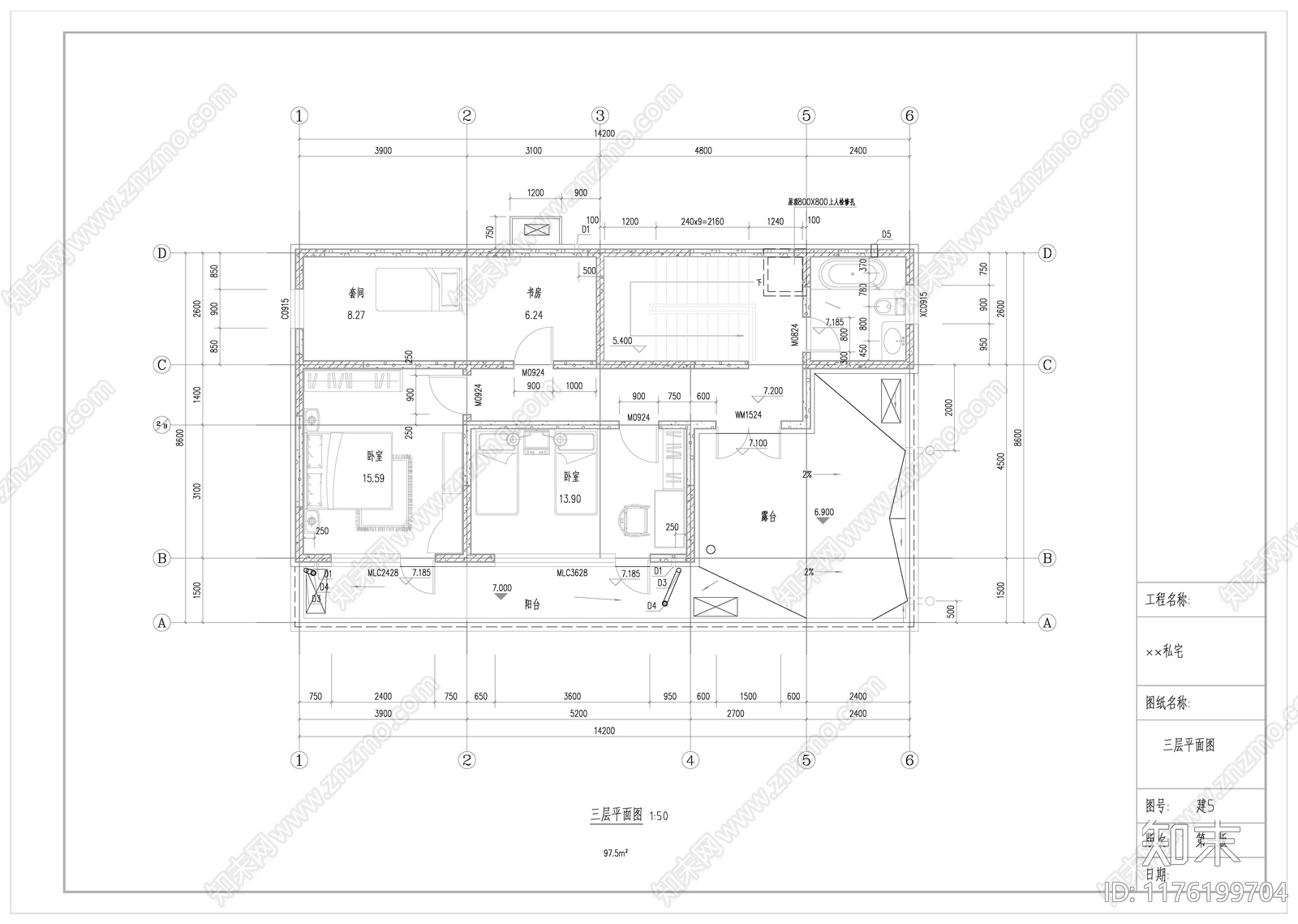 现代别墅建筑cad施工图下载【ID:1176199704】