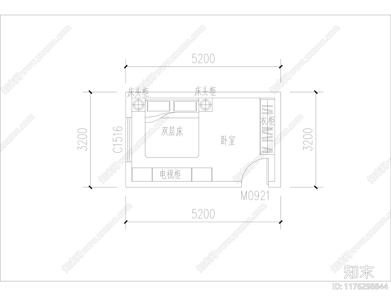 现代卧室cad施工图下载【ID:1176298844】