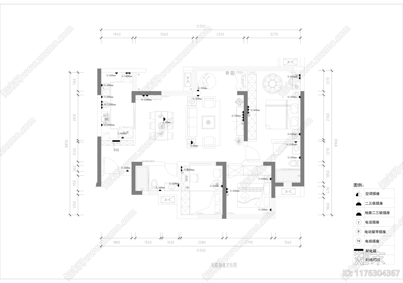 现代卧室cad施工图下载【ID:1176304367】