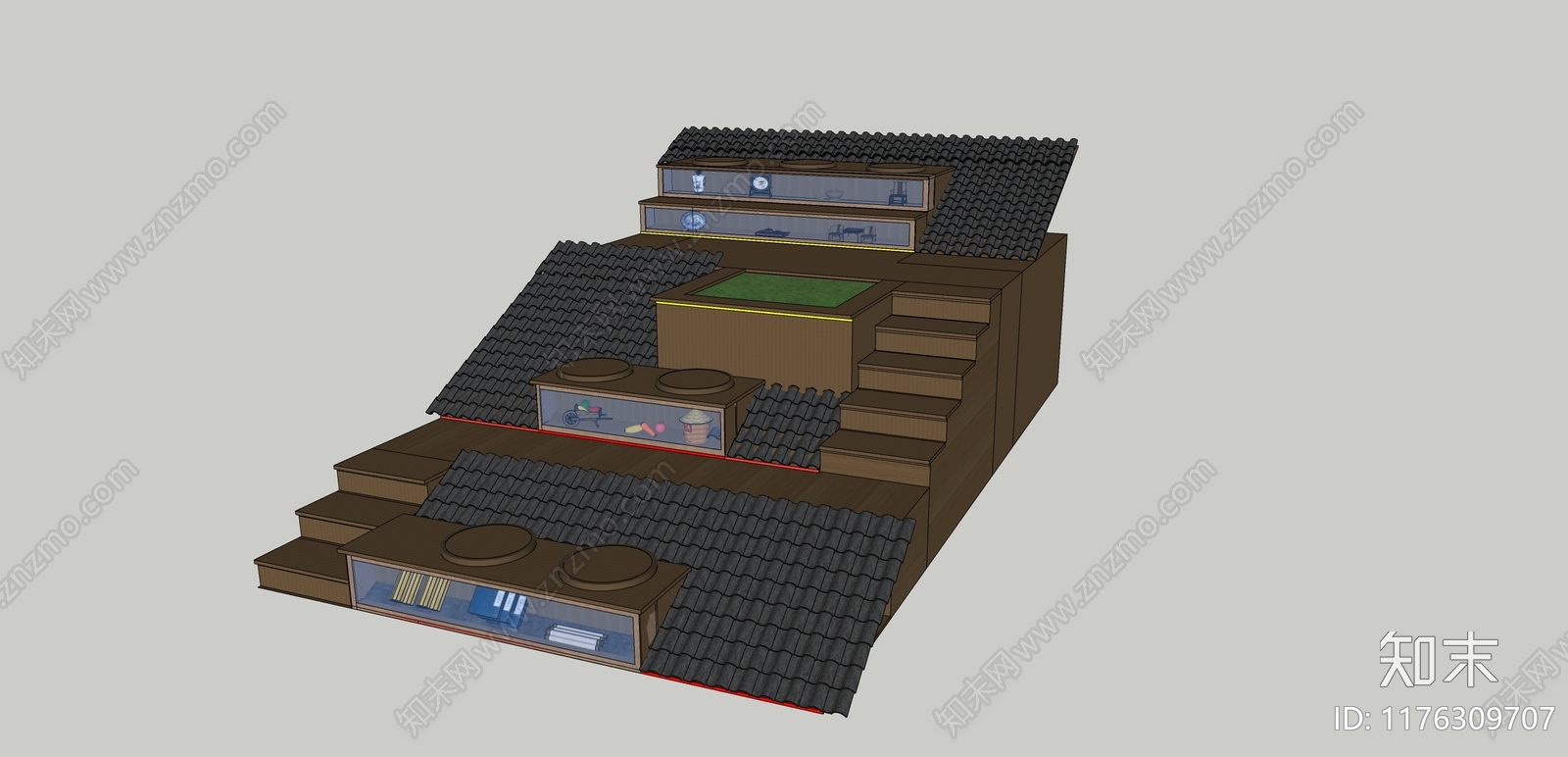 新中式中式台阶景观SU模型下载【ID:1176309707】
