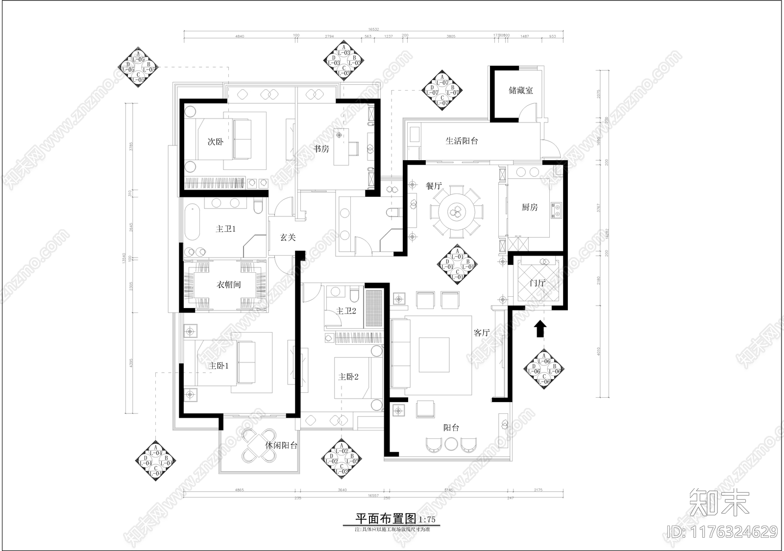 现代卧室cad施工图下载【ID:1176324629】