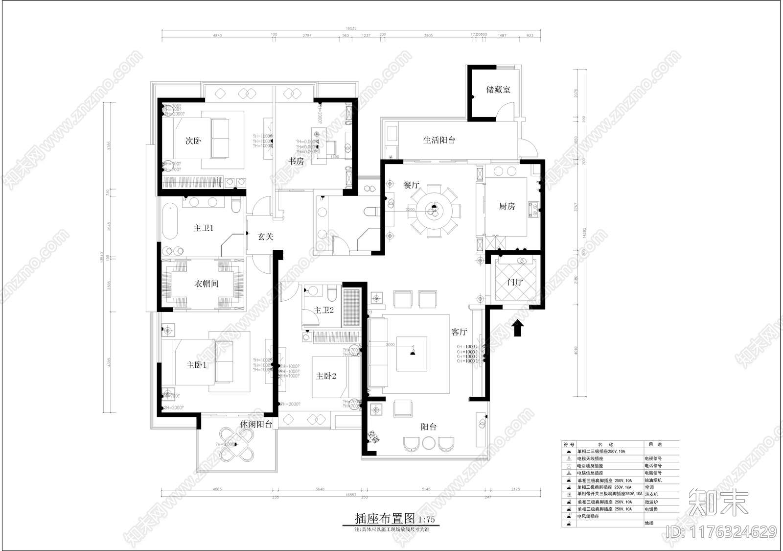 现代卧室cad施工图下载【ID:1176324629】