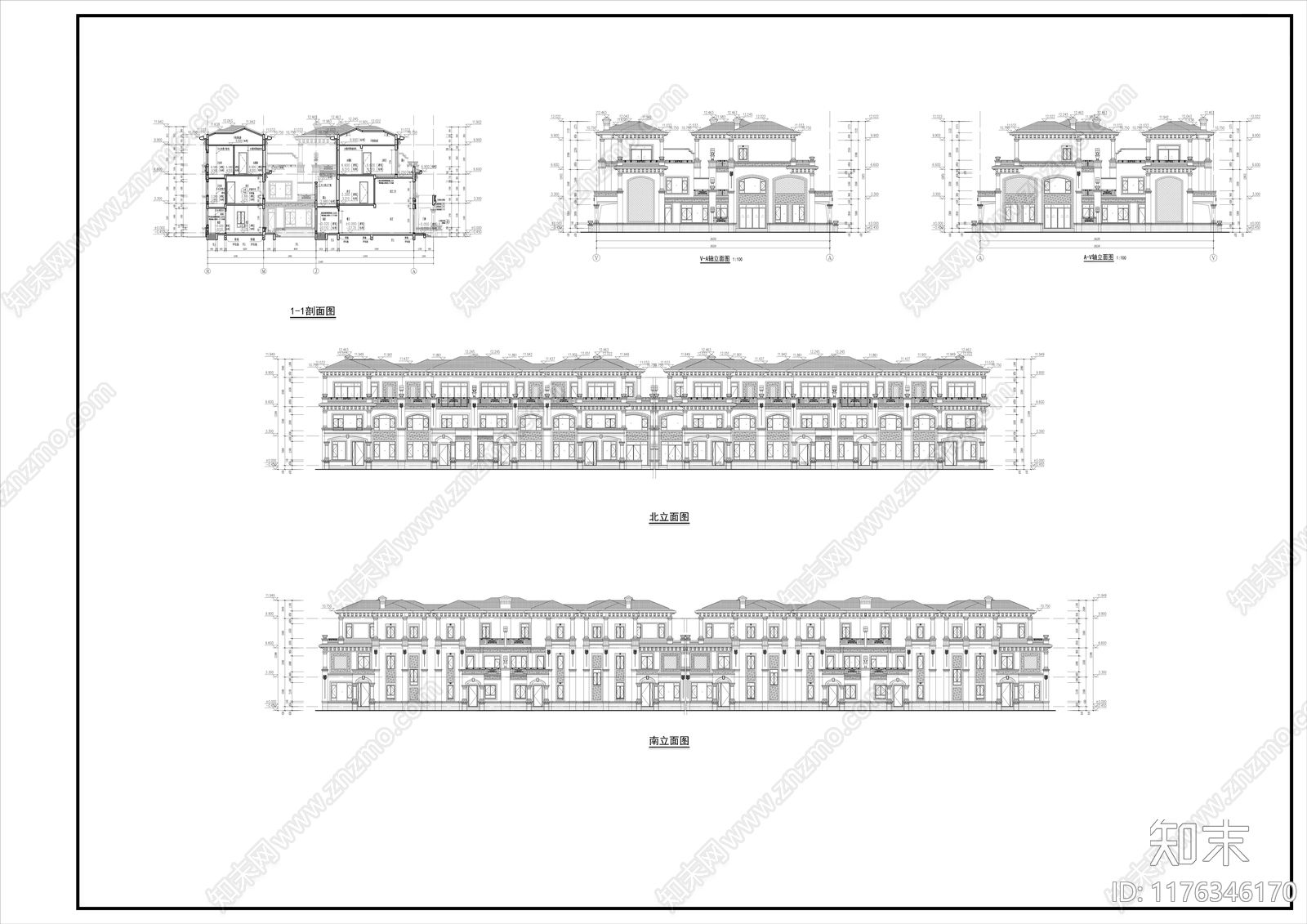 简欧别墅建筑施工图下载【ID:1176346170】