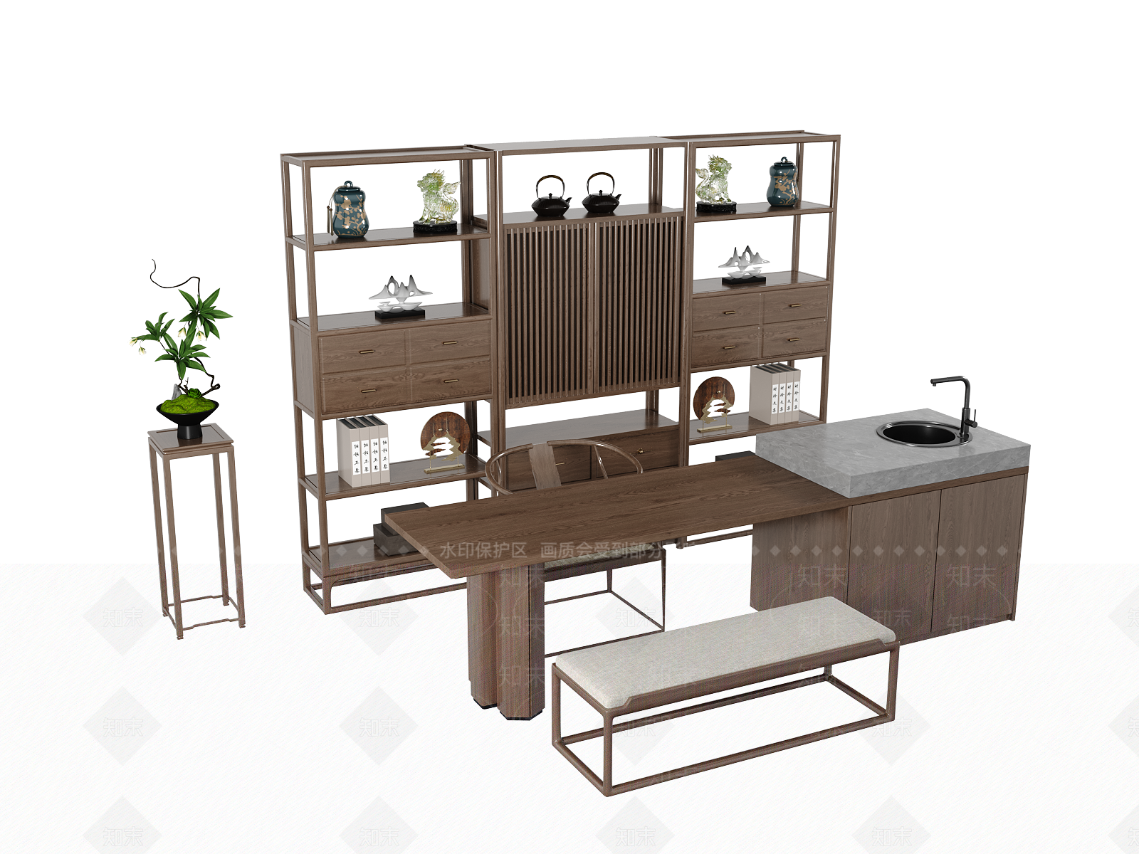 新中式茶桌椅3D模型下载【ID:1176373318】