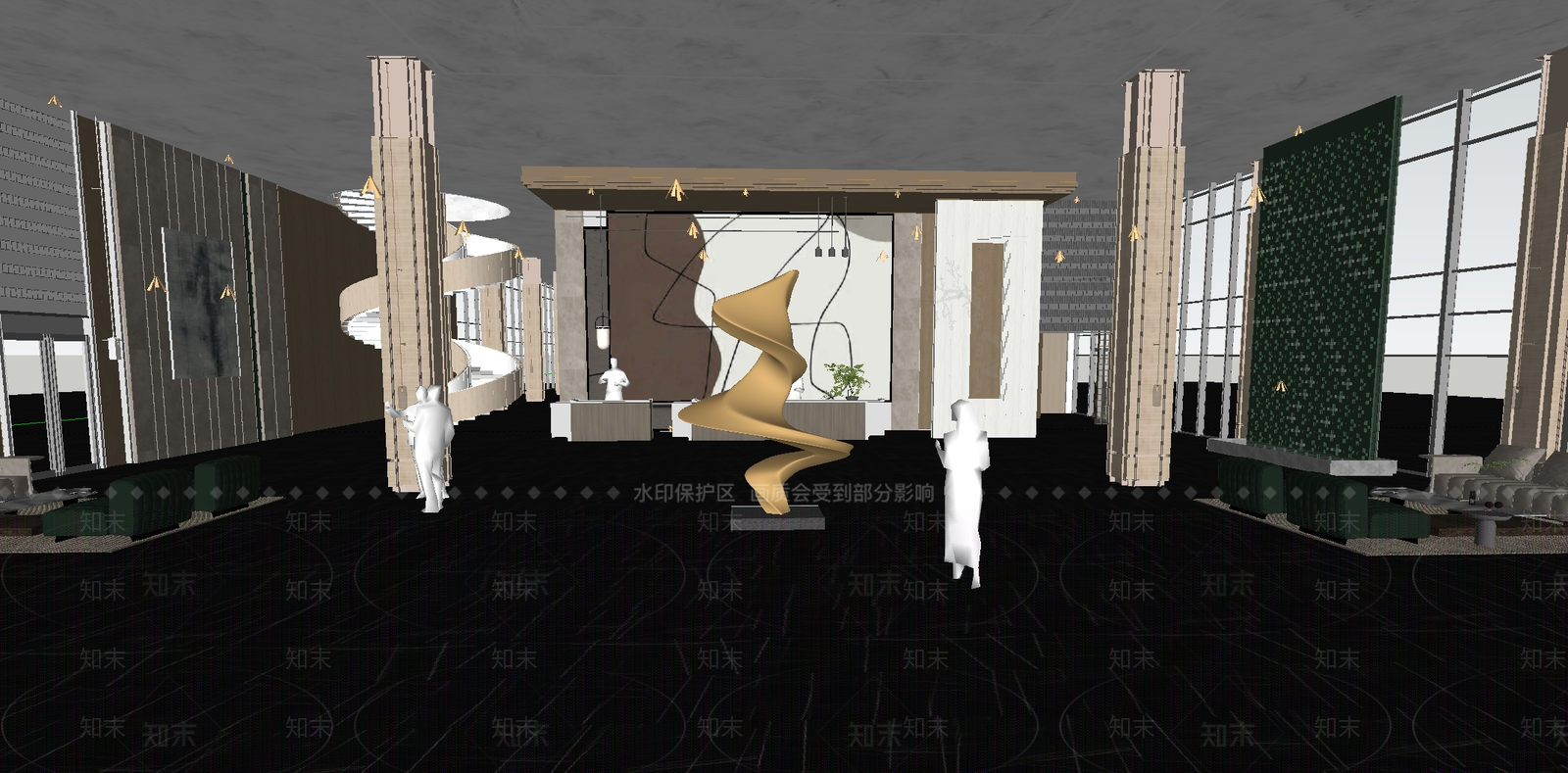 现代新中式酒店大堂SU模型下载【ID:1176396384】