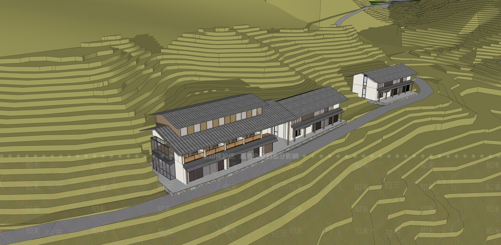 新中式现代民宿建筑SU模型下载【ID:1176412610】