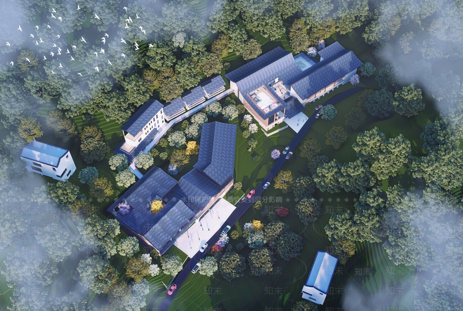 现代新中式民宿建筑SU模型下载【ID:1176413552】