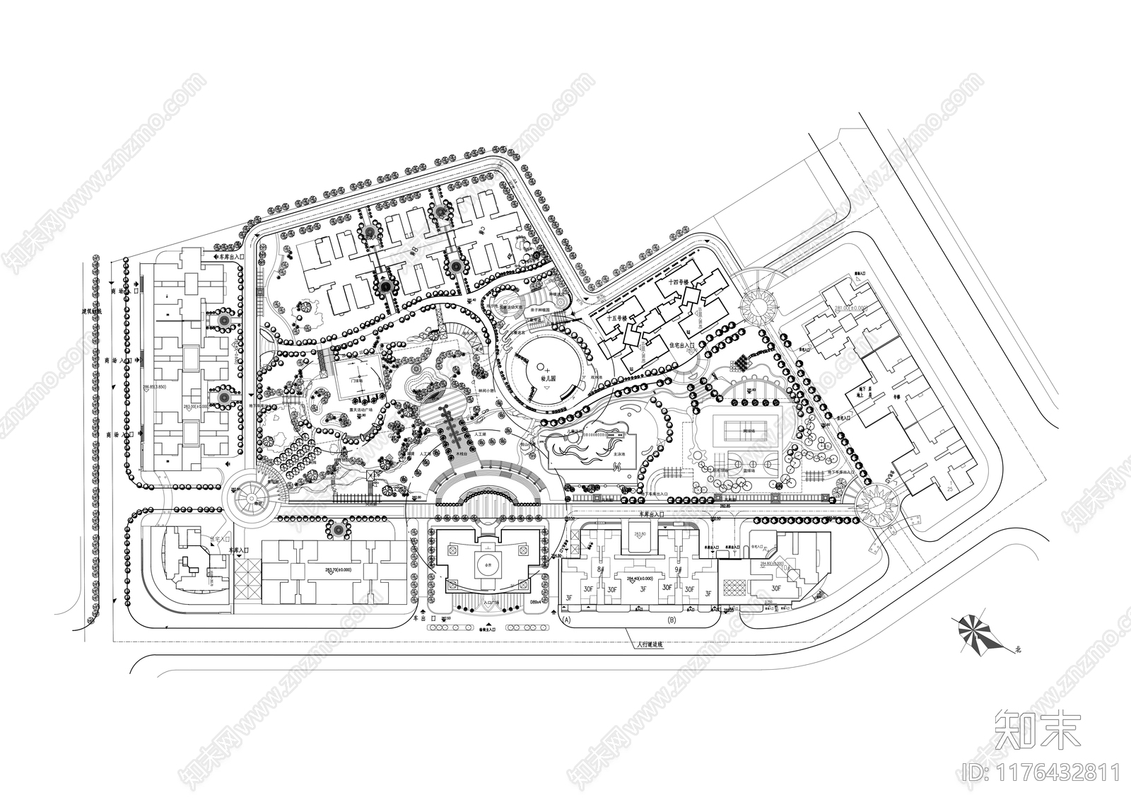 现代中式小区景观施工图下载【ID:1176432811】