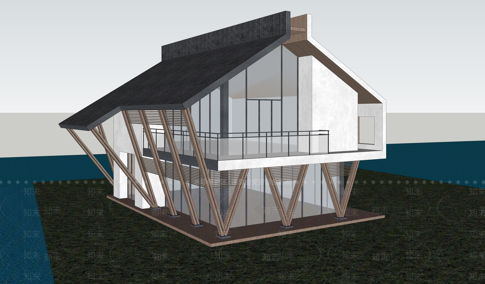 现代新中式民宿建筑SU模型下载【ID:1176440475】