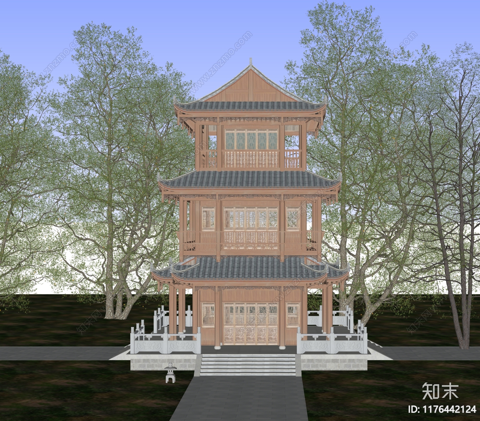 现代中古古建筑SU模型下载【ID:1176442124】