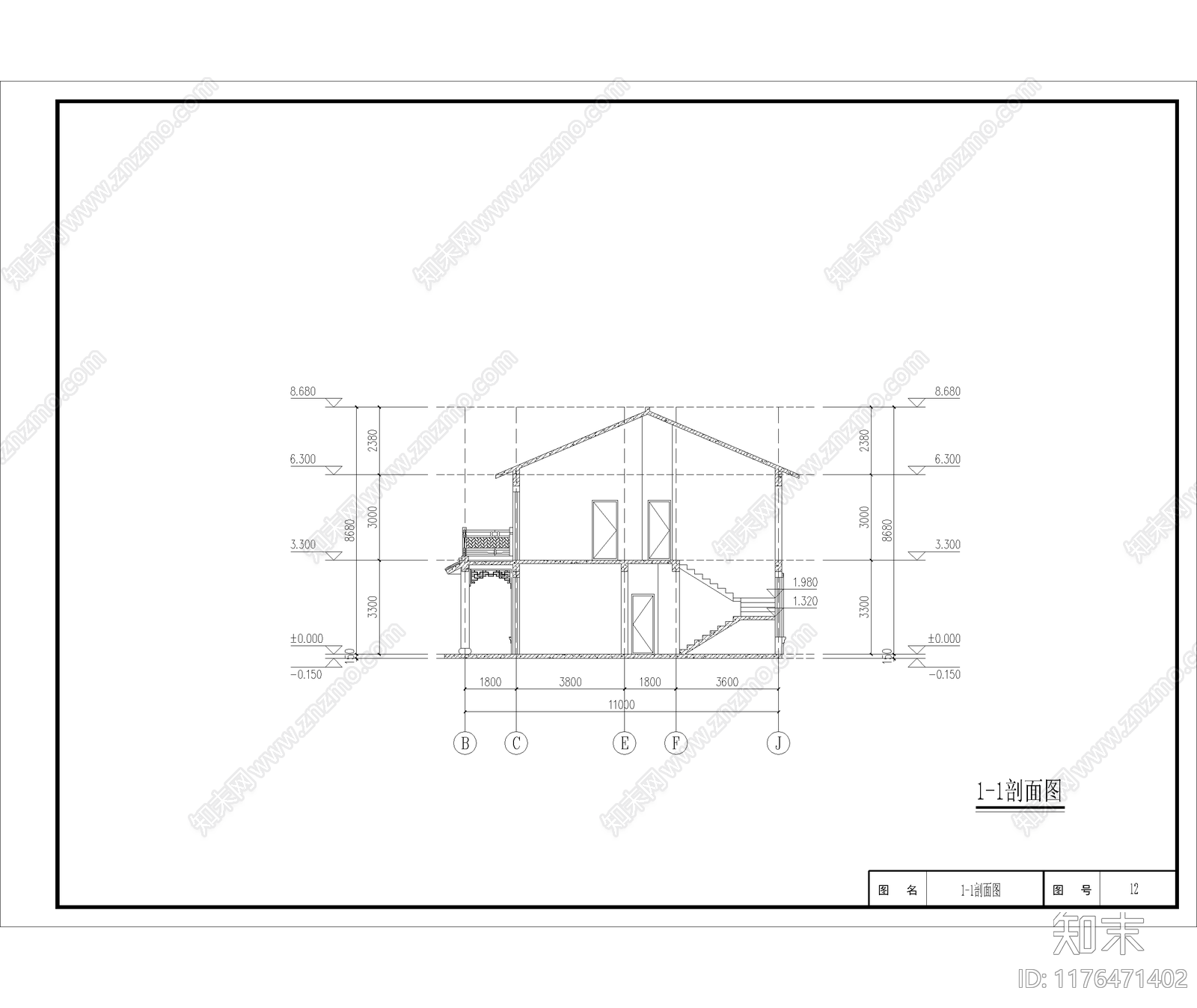 中式新中式别墅建筑cad施工图下载【ID:1176471402】