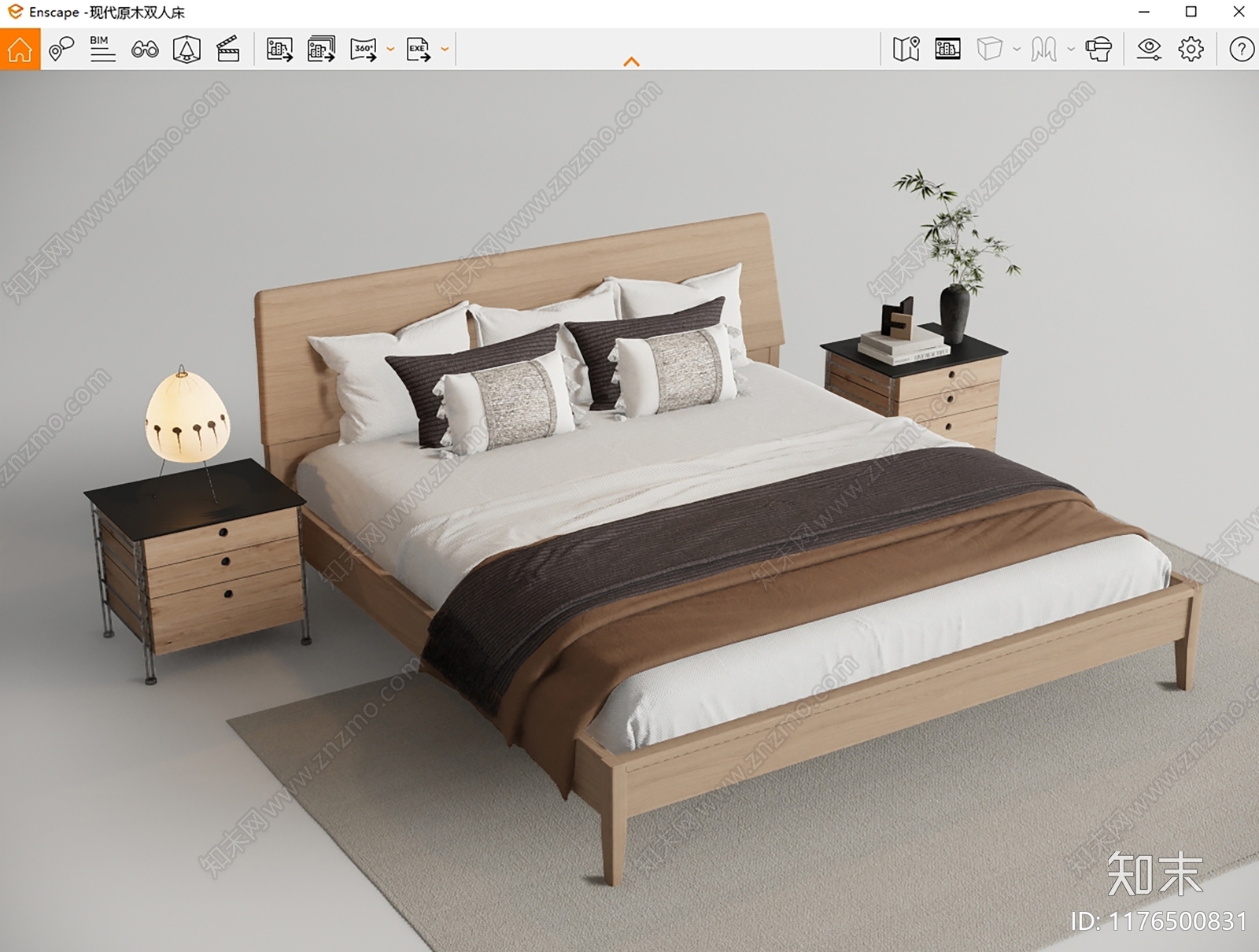 现代原木双人床SU模型下载【ID:1176500831】
