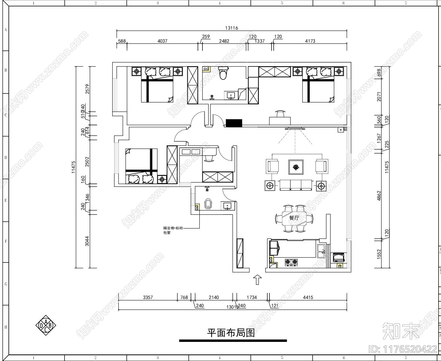 现代新中式客厅cad施工图下载【ID:1176520422】