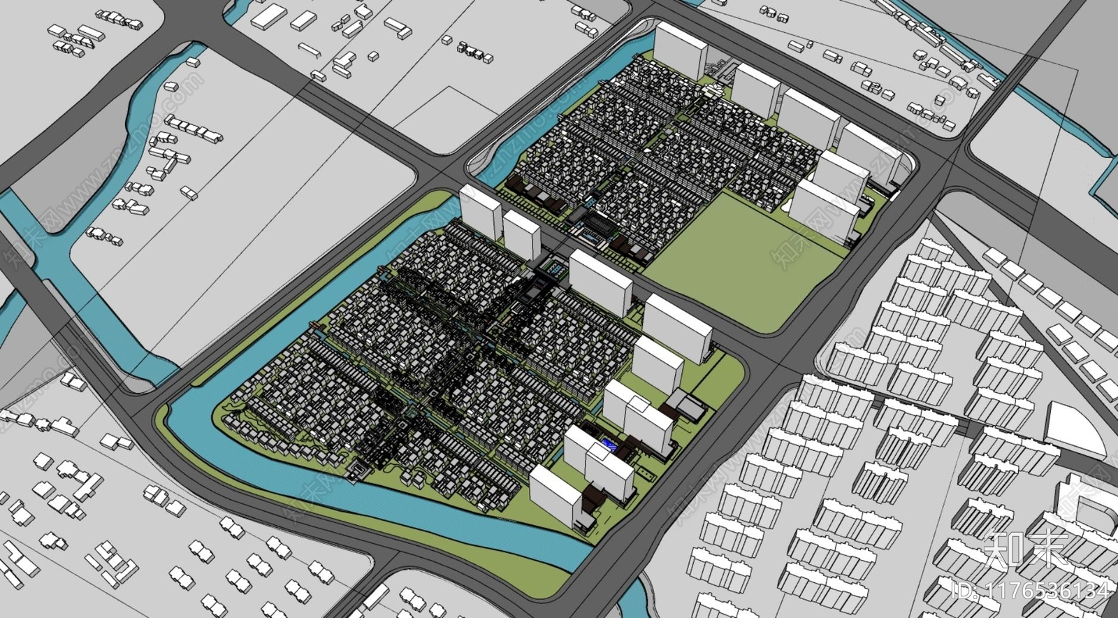 现代新中式小区建筑SU模型下载【ID:1176536134】