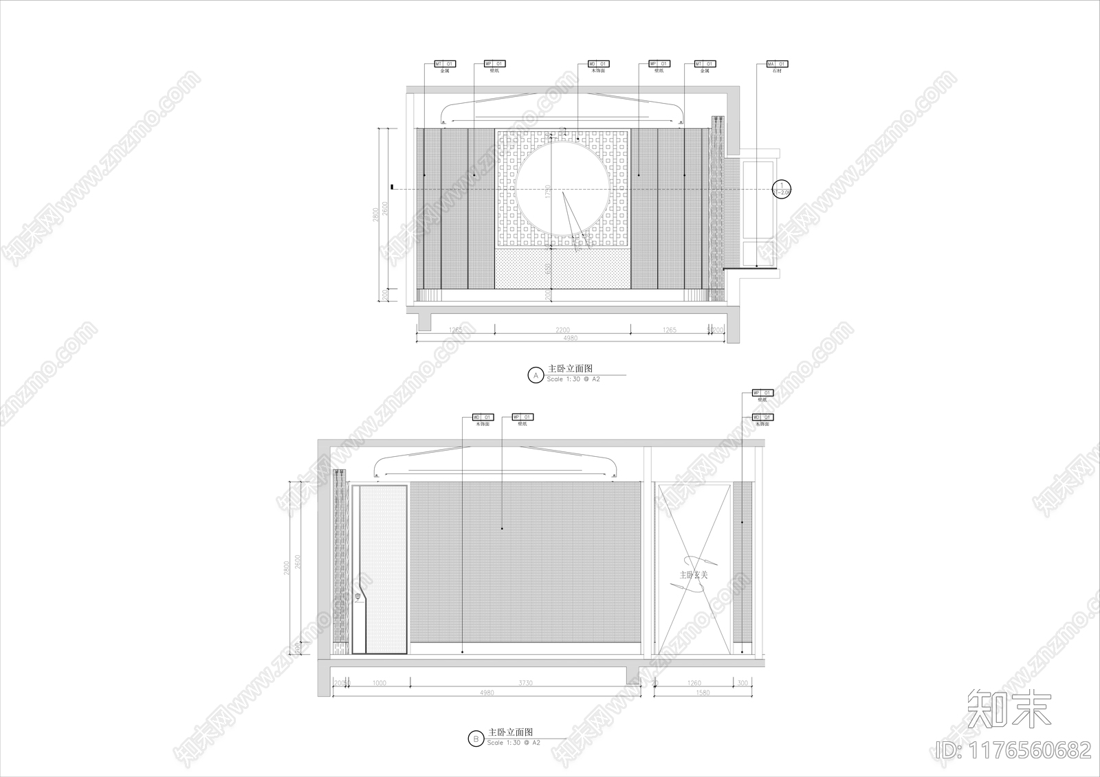 新中式卧室cad施工图下载【ID:1176560682】