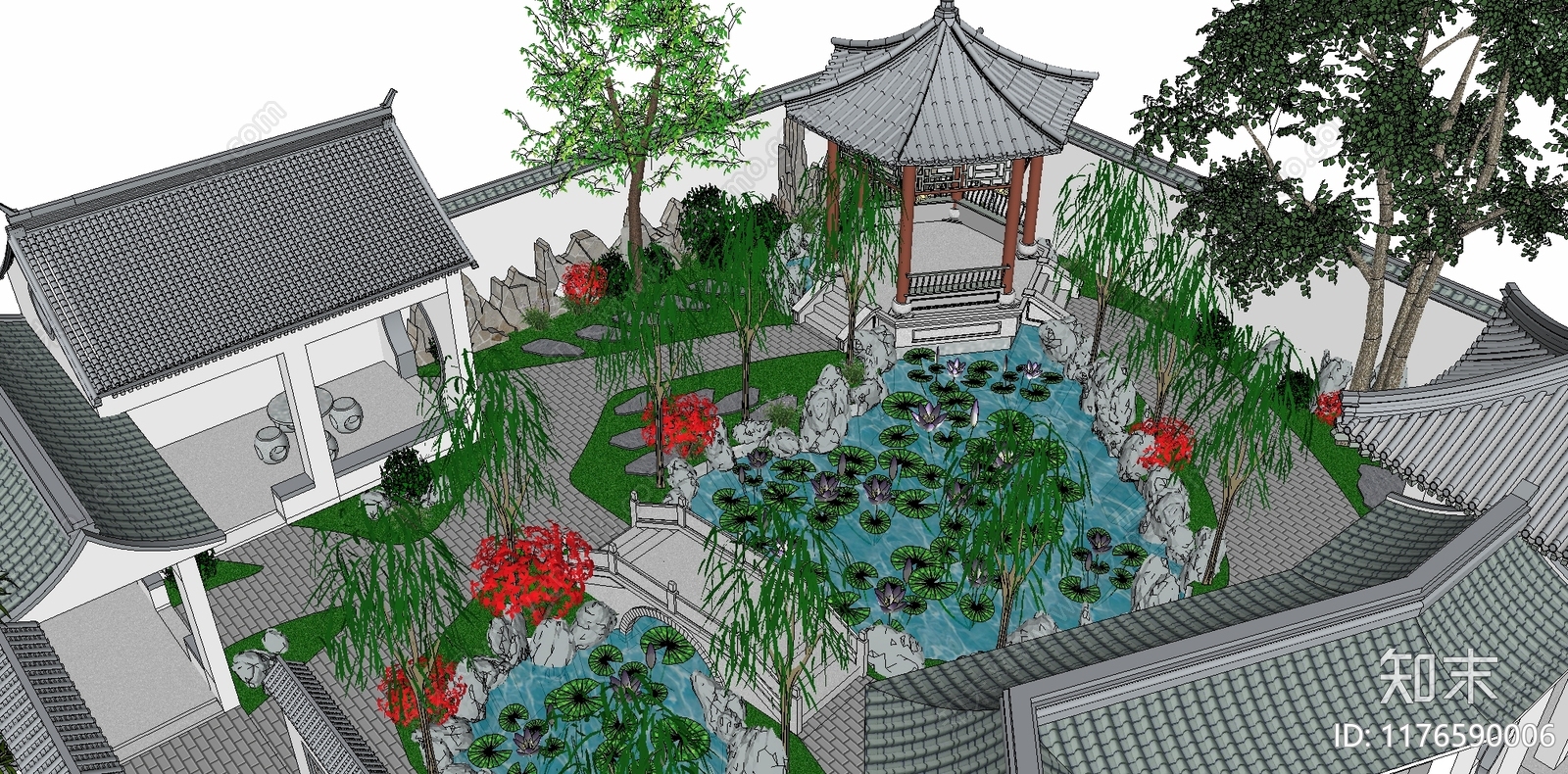 中式屋顶花园SU模型下载【ID:1176590006】