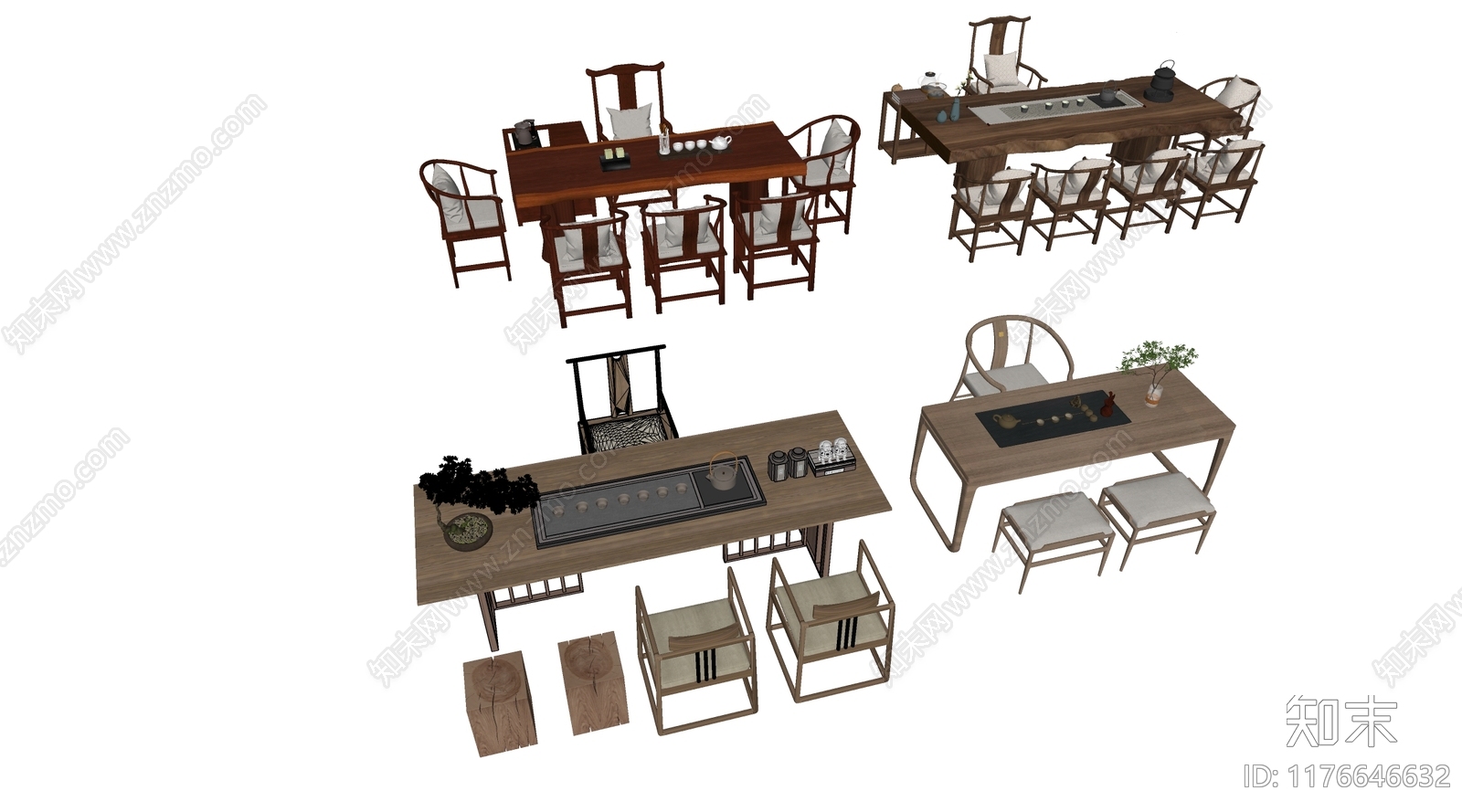新中式现代茶桌椅SU模型下载【ID:1176646632】