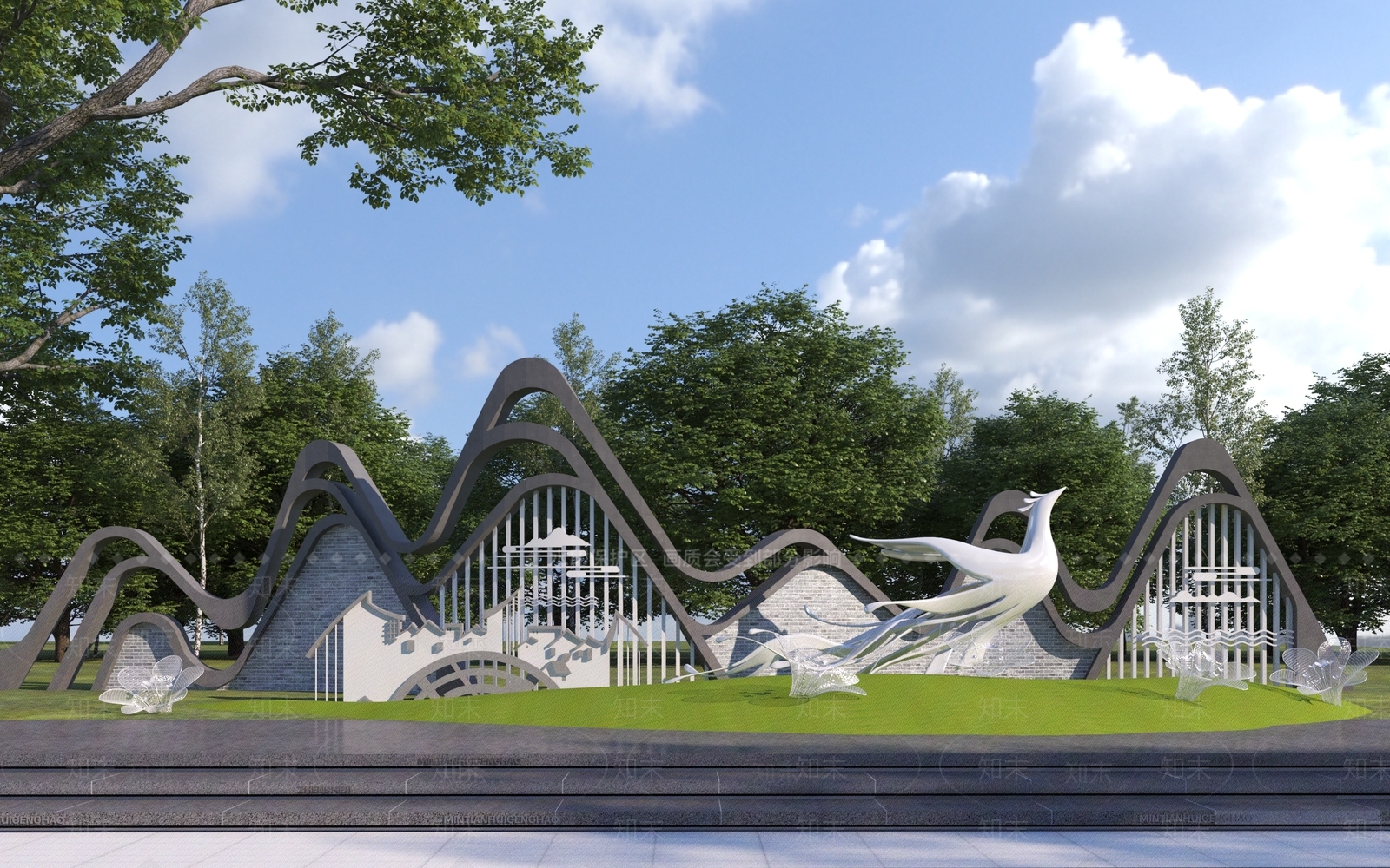 新中式景墙3D模型下载【ID:1176684474】