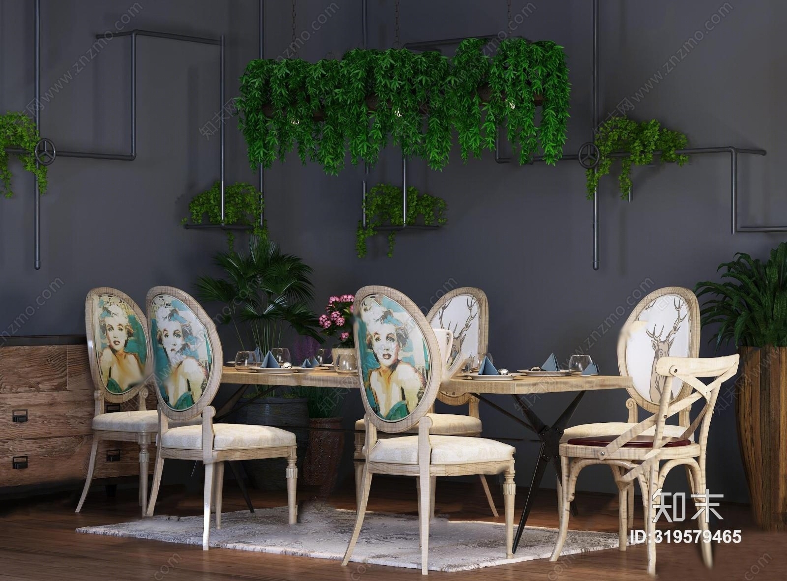 美式实木餐桌椅边柜植物组合3D模型下载【ID:319579465】