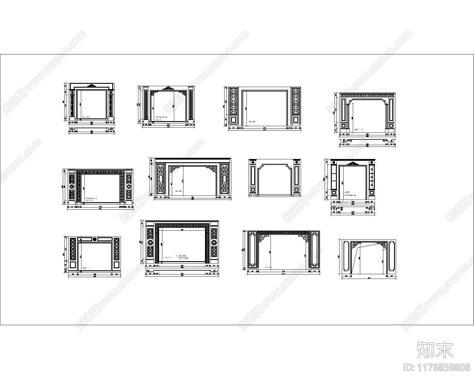 中式背景墙cad施工图下载【ID:1176859808】