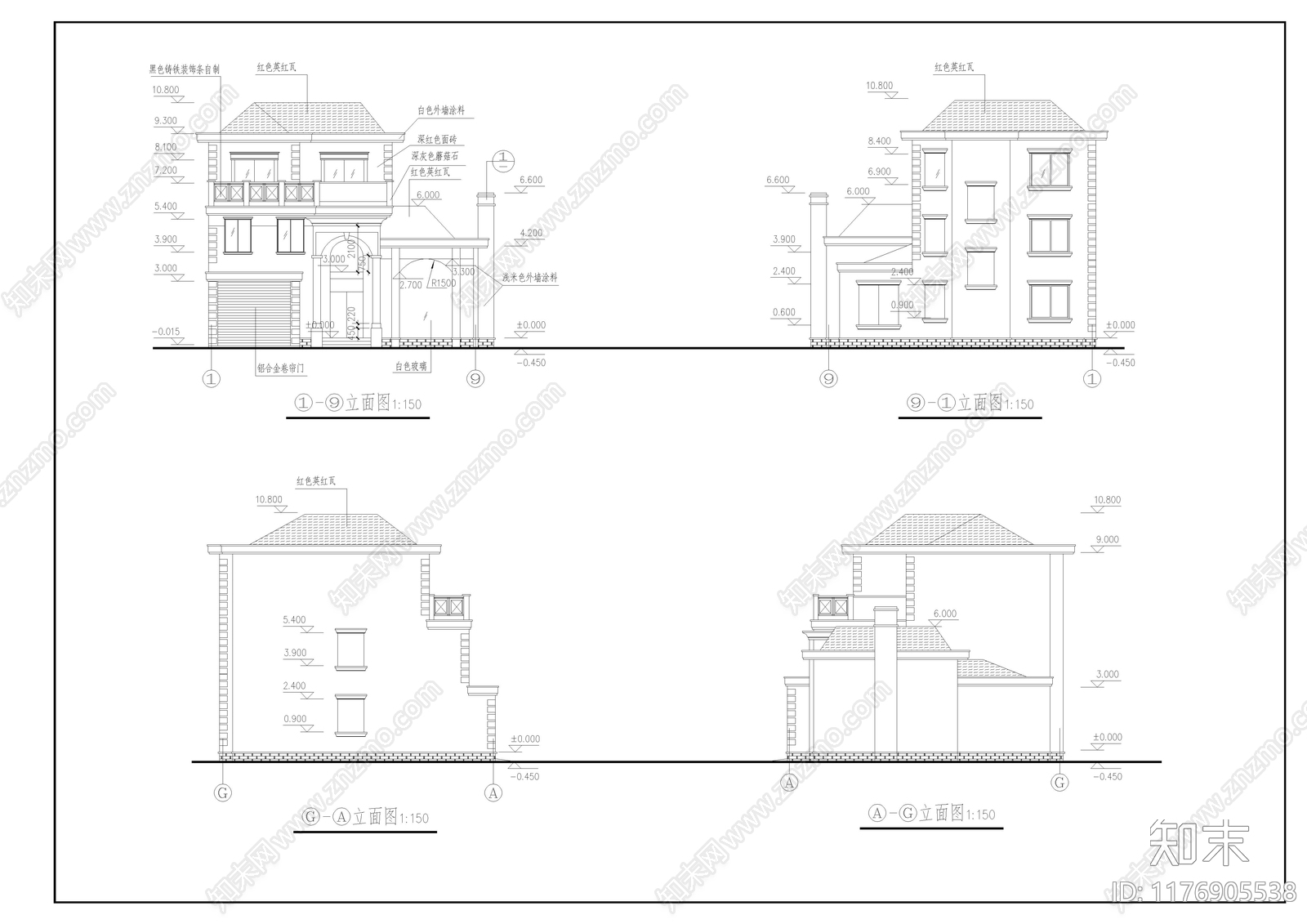 现代别墅建筑cad施工图下载【ID:1176905538】