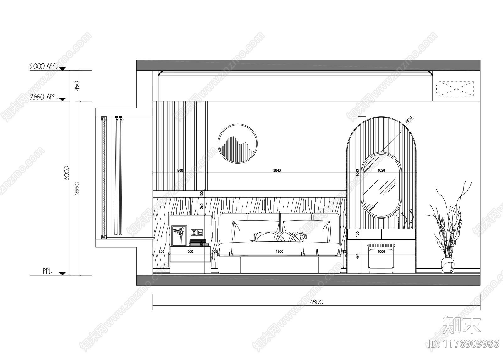 现代卧室cad施工图下载【ID:1176909986】