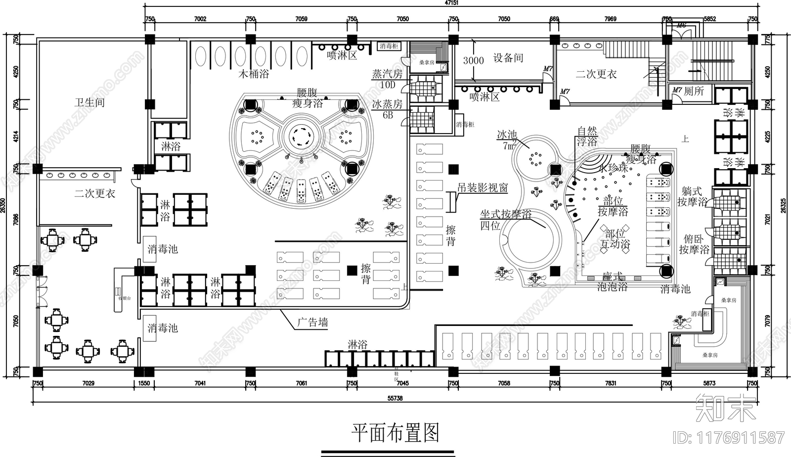 现代足浴店cad施工图下载【ID:1176911587】