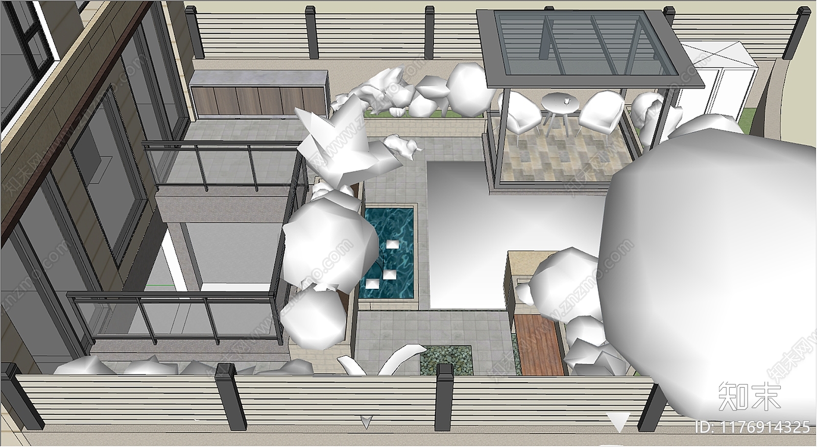 现代简约别墅庭院SU模型下载【ID:1176914325】