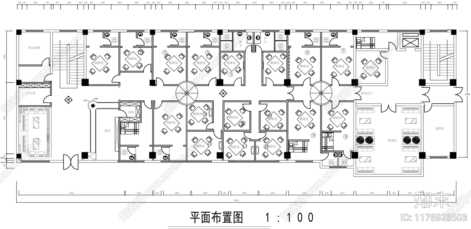 现代棋牌室cad施工图下载【ID:1176928503】