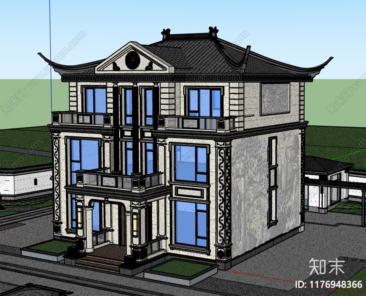 新中式欧式别墅SU模型下载【ID:1176948366】